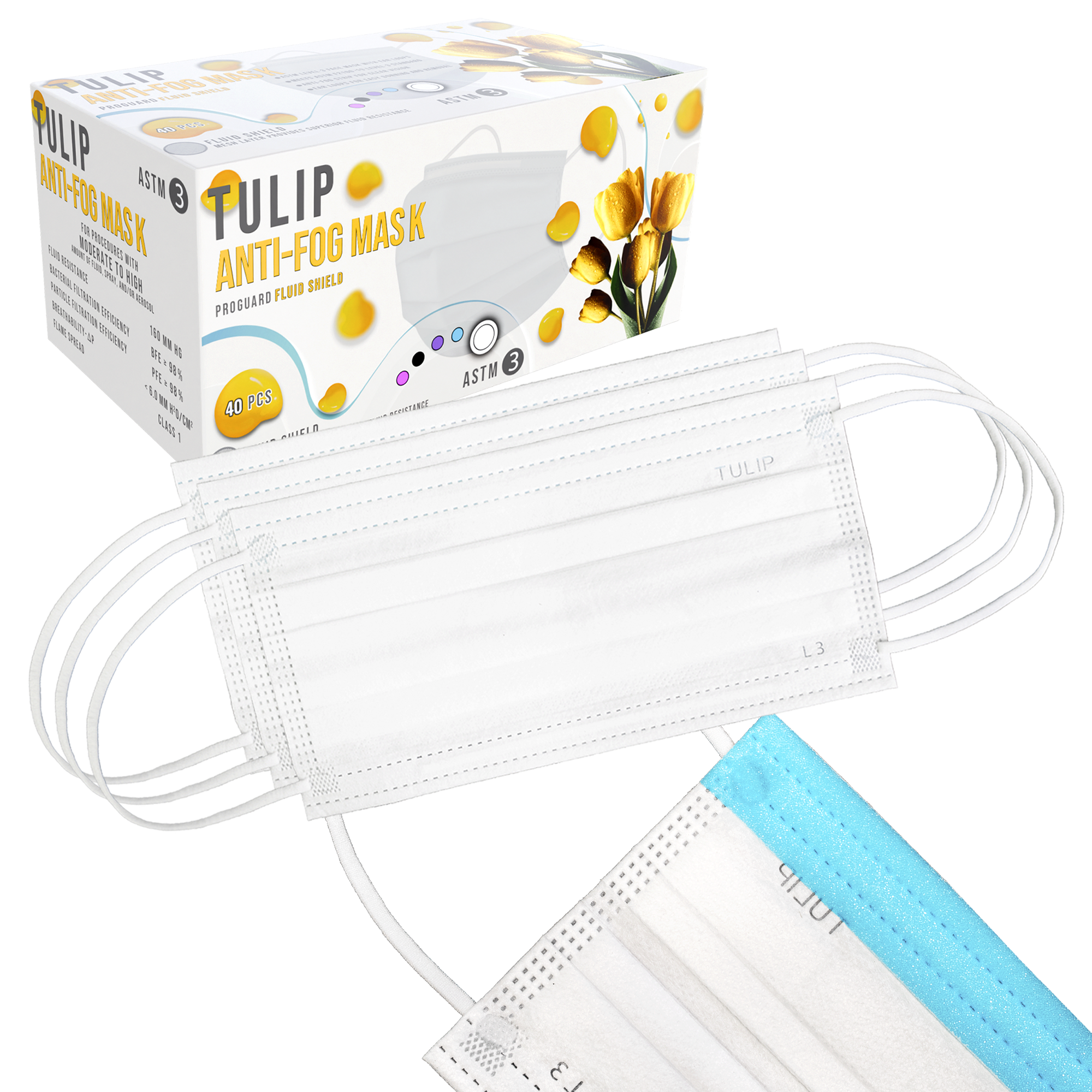 40 White Fluid Shield ASTM Level 3 Masks 4-Layer w/ Anti Fog Strip | DoctorSupplies.com