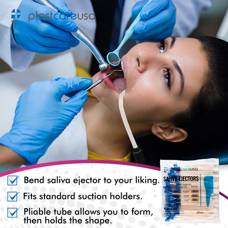 PlastCare USA Clear Body Blue Tip Saliva Ejectors (100/Bag) - packaging | DoctorSupplies.com