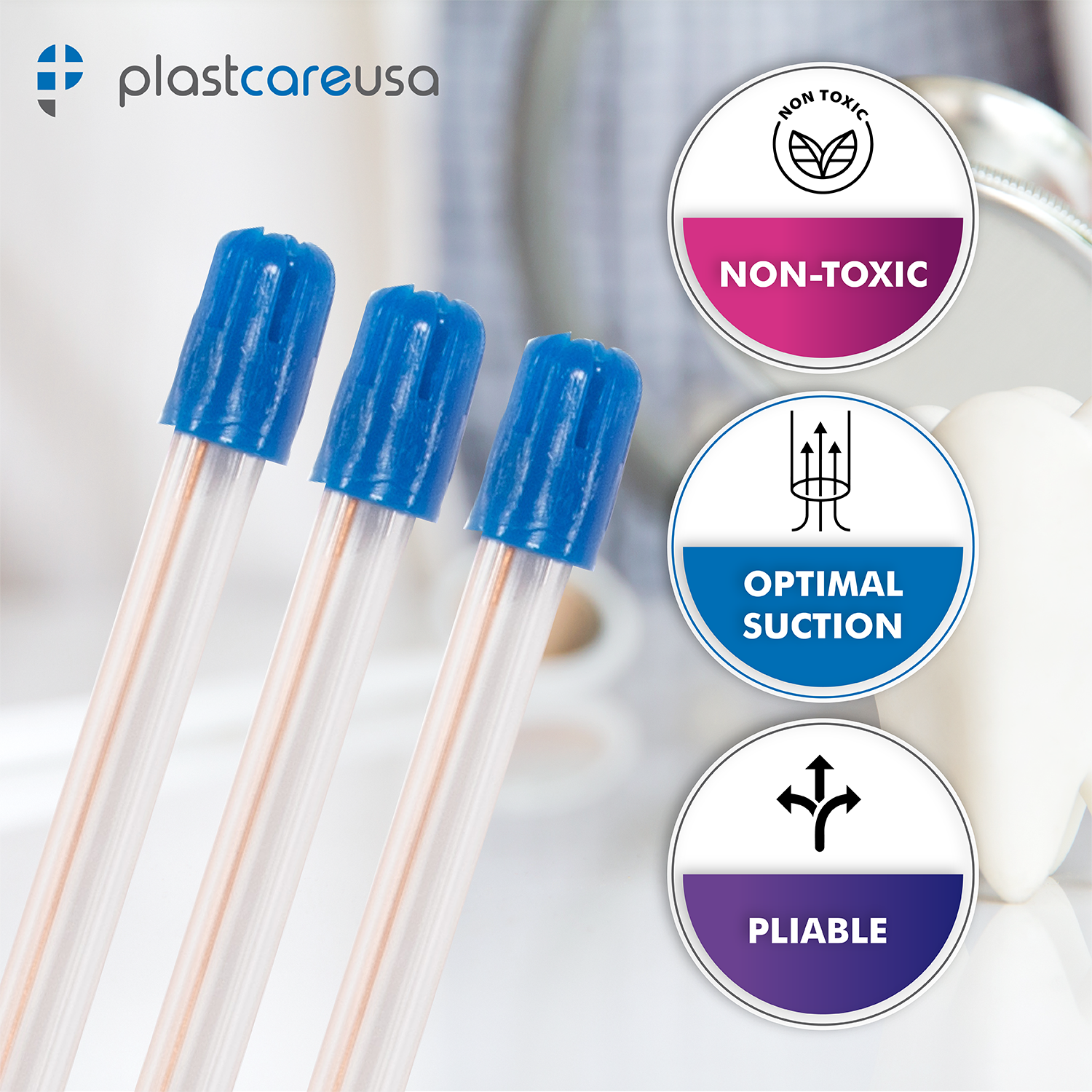 PlastCare USA Clear Body Blue Tip Saliva Ejectors (100/Bag) - in use | DoctorSupplies.com