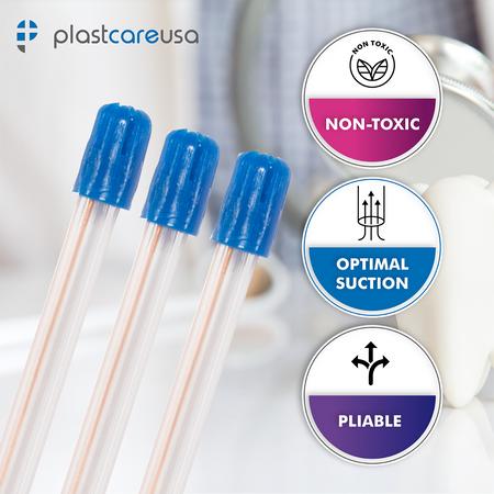 PlastCare USA Clear Body Blue Tip Saliva Ejectors (100/Bag) - in use | DoctorSupplies.com