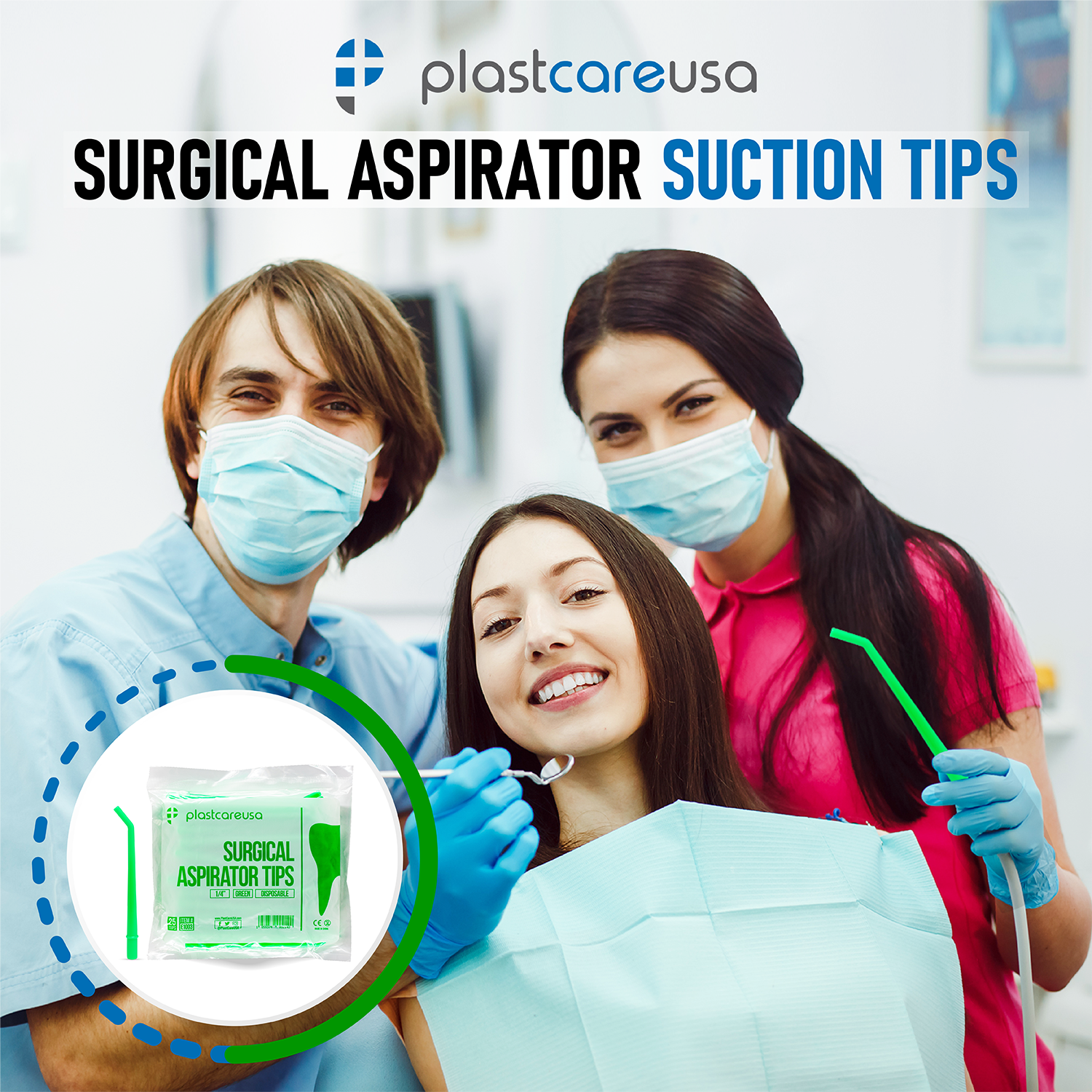 25 Large Green Dental Surgical Aspirator Tips 1/4" (1 Bag) - back view | DoctorSupplies.com