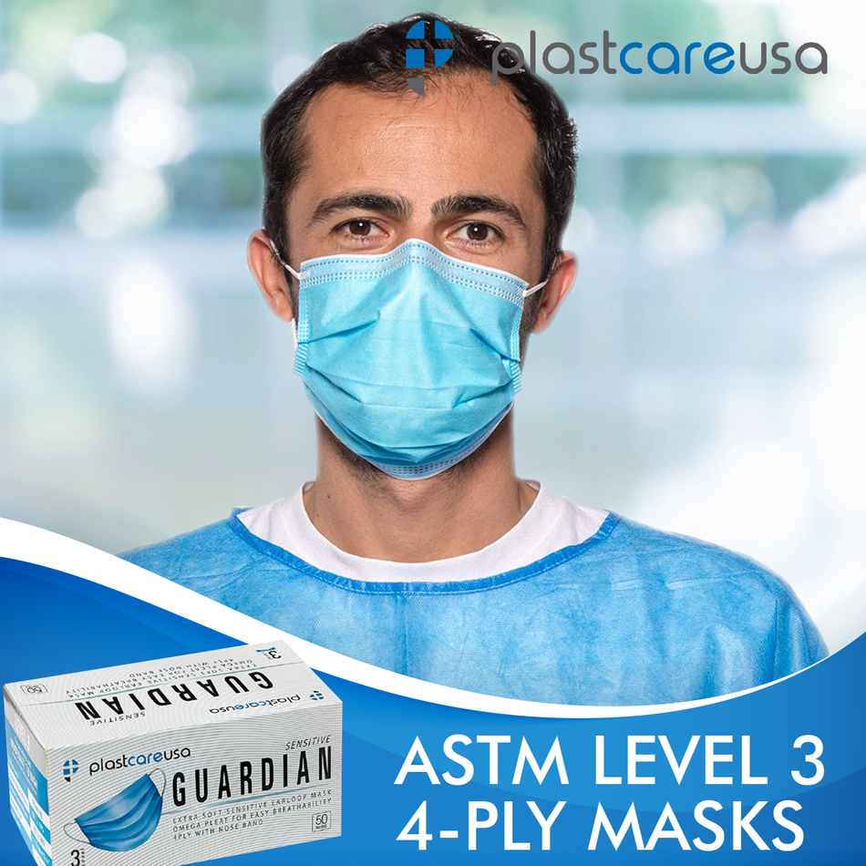 4-Ply ASTM Level 3 Surgical Masks (Blue) Box of 50 by PlastCare USA - front view | DoctorSupplies.com
