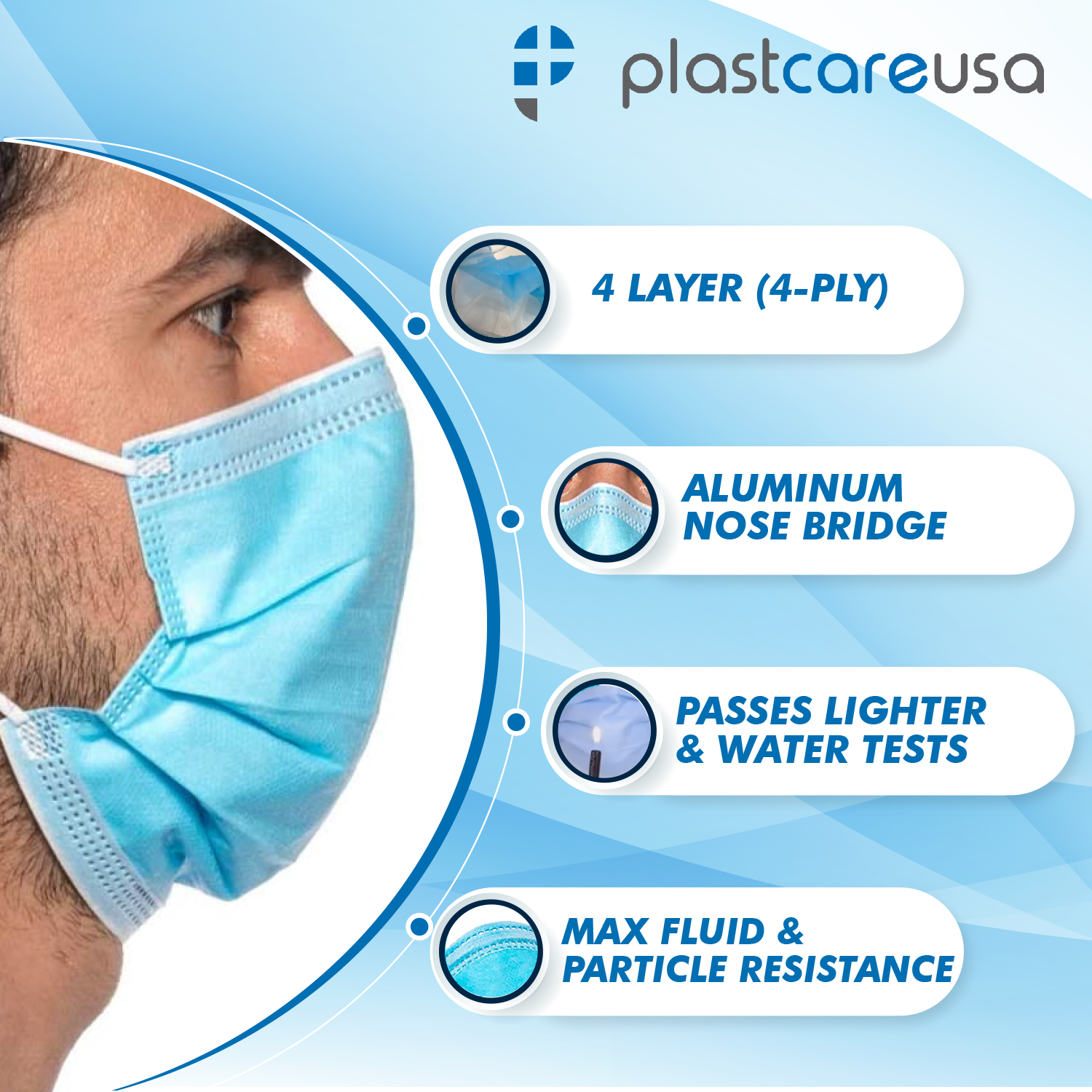 4-Ply ASTM Level 3 Surgical Masks (Blue) Box of 50 by PlastCare USA - side view | DoctorSupplies.com