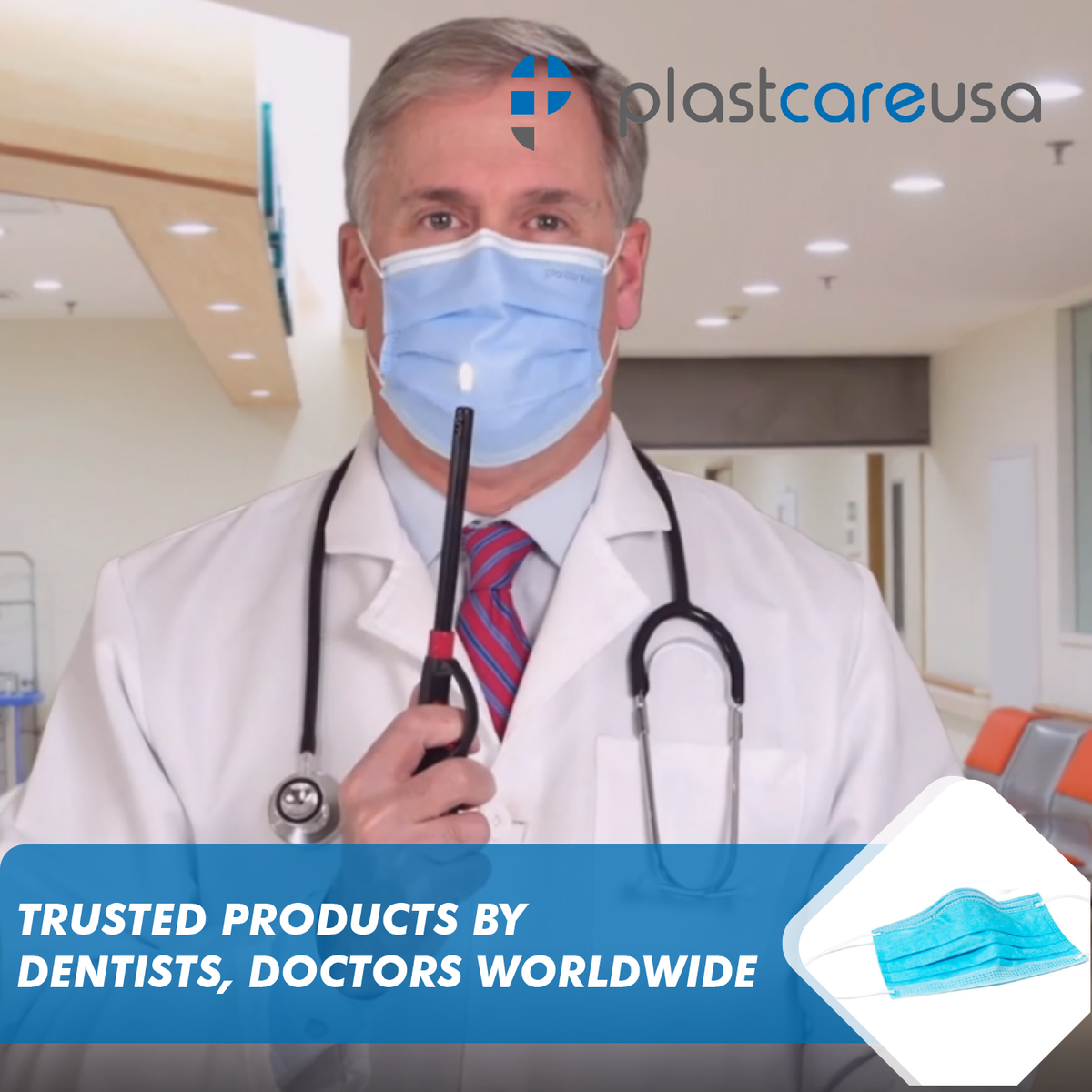 4-Ply ASTM Level 3 Surgical Masks (Blue) Box of 50 by PlastCare USA - packaging | DoctorSupplies.com