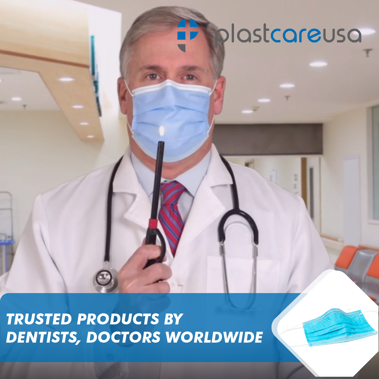 4-Ply ASTM Level 3 Surgical Masks (Blue) Box of 50 by PlastCare USA - packaging | DoctorSupplies.com