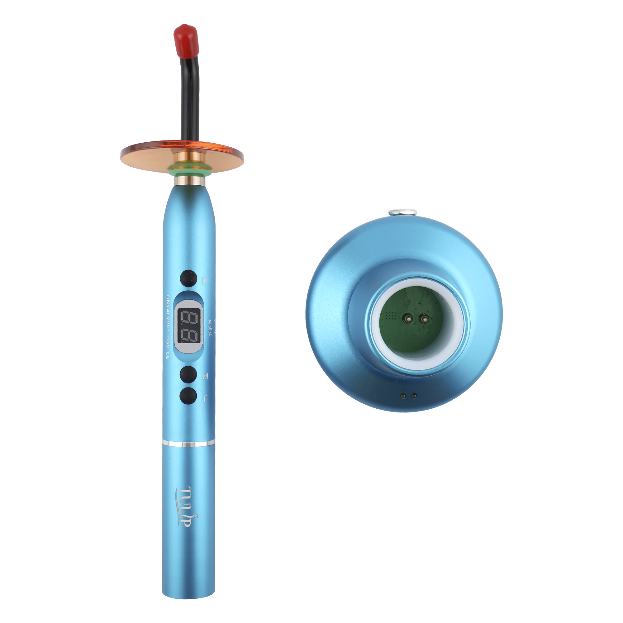 Tulip Cordless Dental 4 LED Curing Light – 1200 mW/cm² 430-485nm Stainless Steel Design (Blue) - front view | DoctorSupplies.com