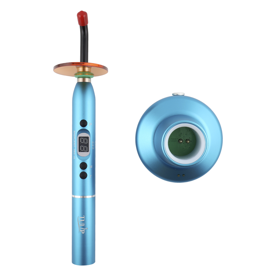 Tulip Cordless Dental 4 LED Curing Light – 1200 mW/cm² 430-485nm Stainless Steel Design (Blue) - front view | DoctorSupplies.com
