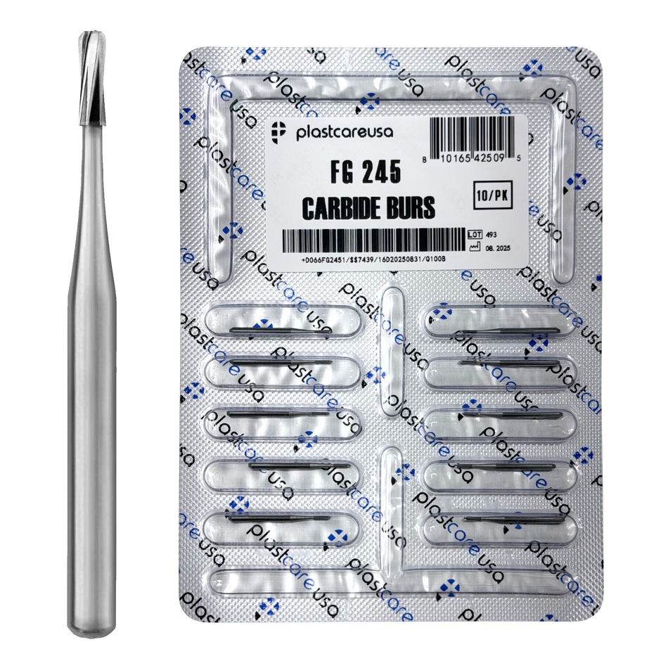 PlastCare USA FG 245 Pear Carbide Burs – 100 Pack - front view | DoctorSupplies.com