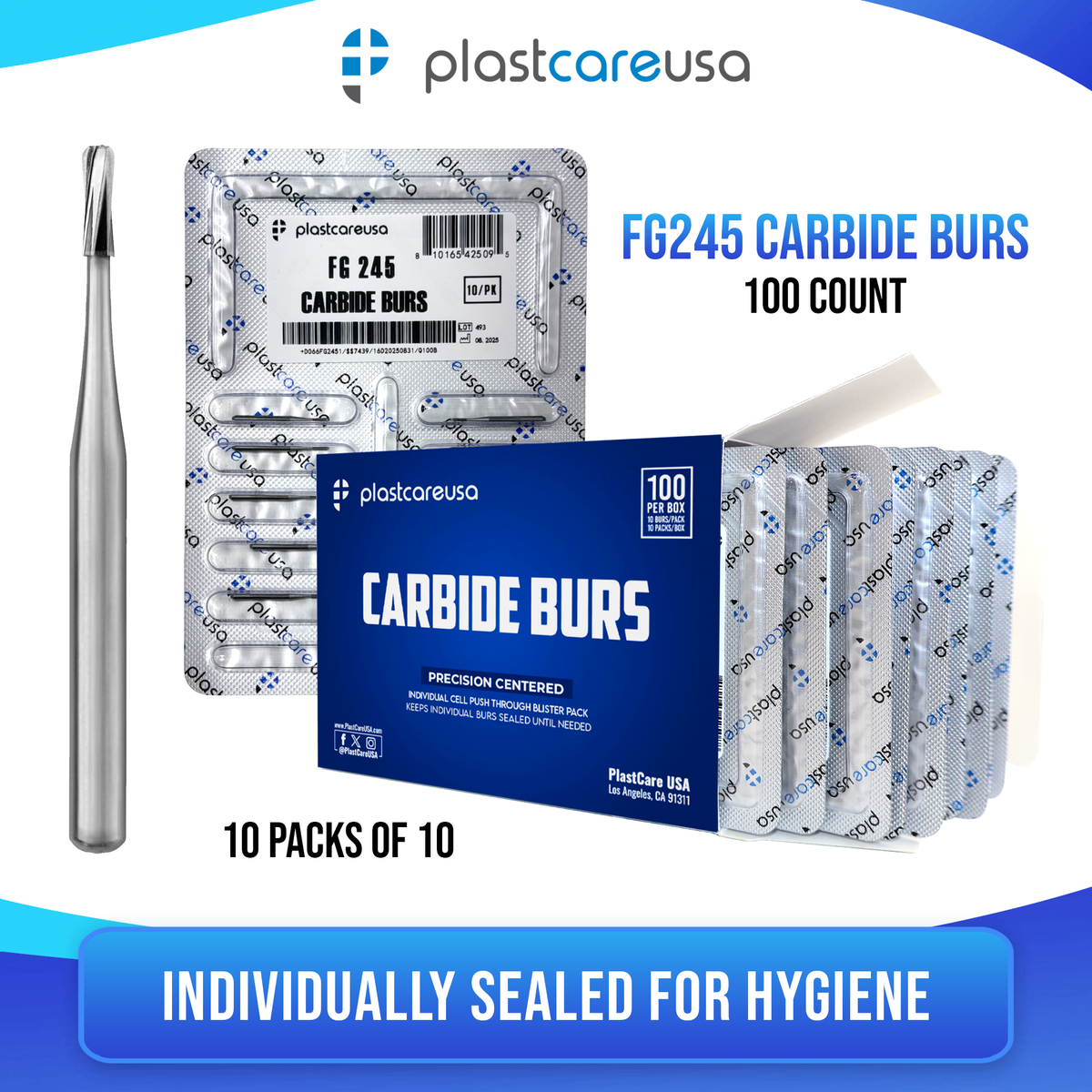 PlastCare USA FG 245 Pear Carbide Burs – 100 Pack - back view | DoctorSupplies.com