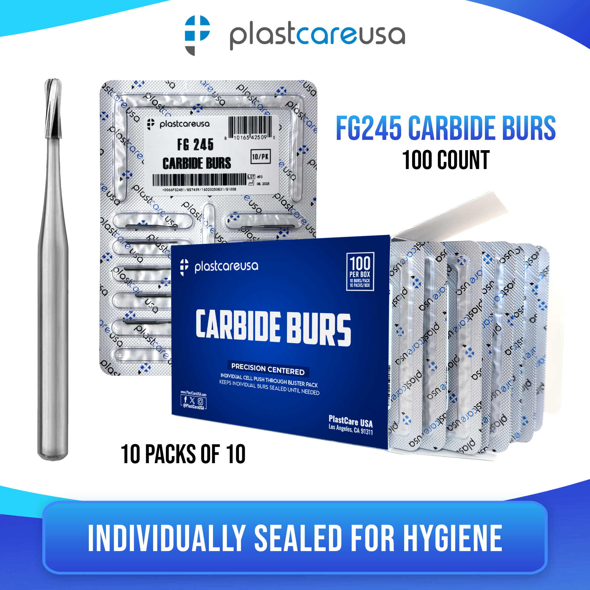 PlastCare USA FG 245 Pear Carbide Burs – 100 Pack - back view | DoctorSupplies.com