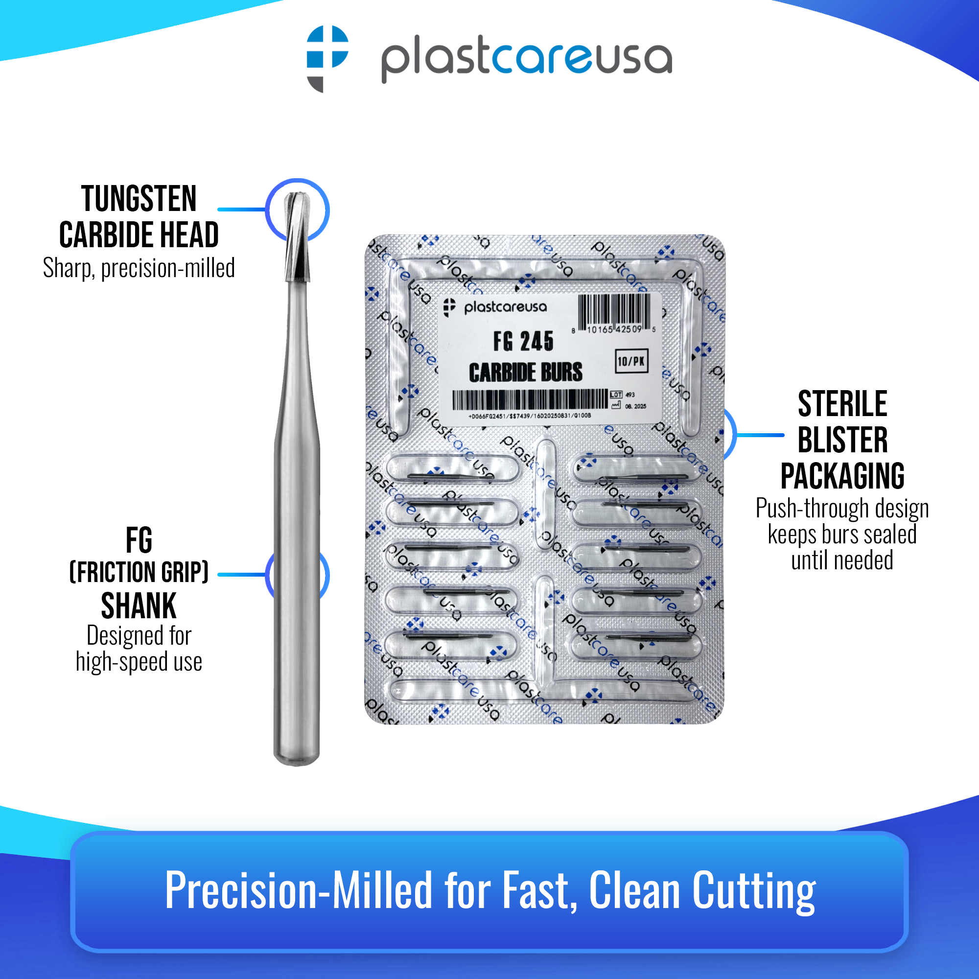PlastCare USA FG 245 Pear Carbide Burs – 100 Pack - side view | DoctorSupplies.com