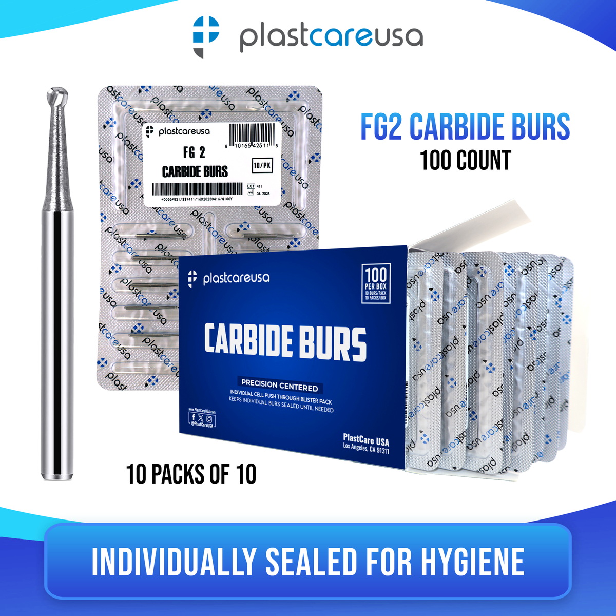FG 2 Round Carbide Burs Clinical Length 100pk High-Speed - front view | DoctorSupplies.com