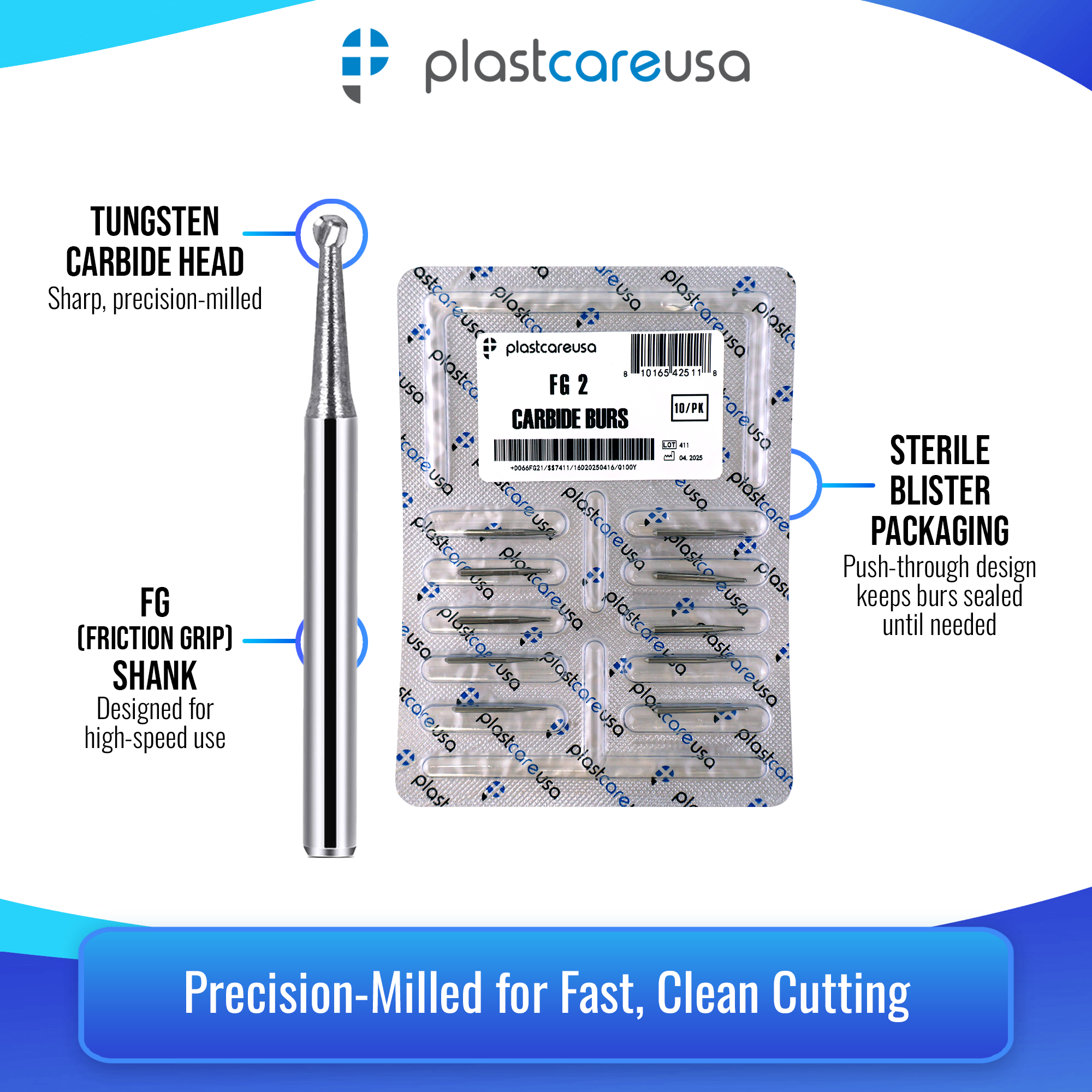 FG 2 Round Carbide Burs Clinical Length 100pk High-Speed - side view | DoctorSupplies.com