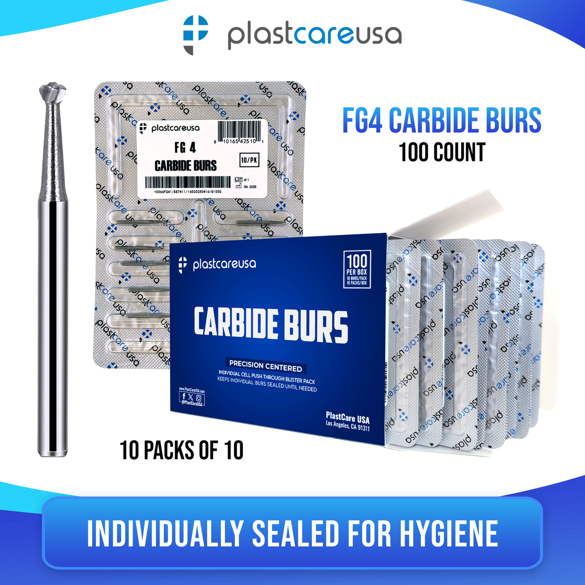 FG 4 Round Carbide Burs Clinical Length 100pk – Bulk Dental Burs - front view | DoctorSupplies.com