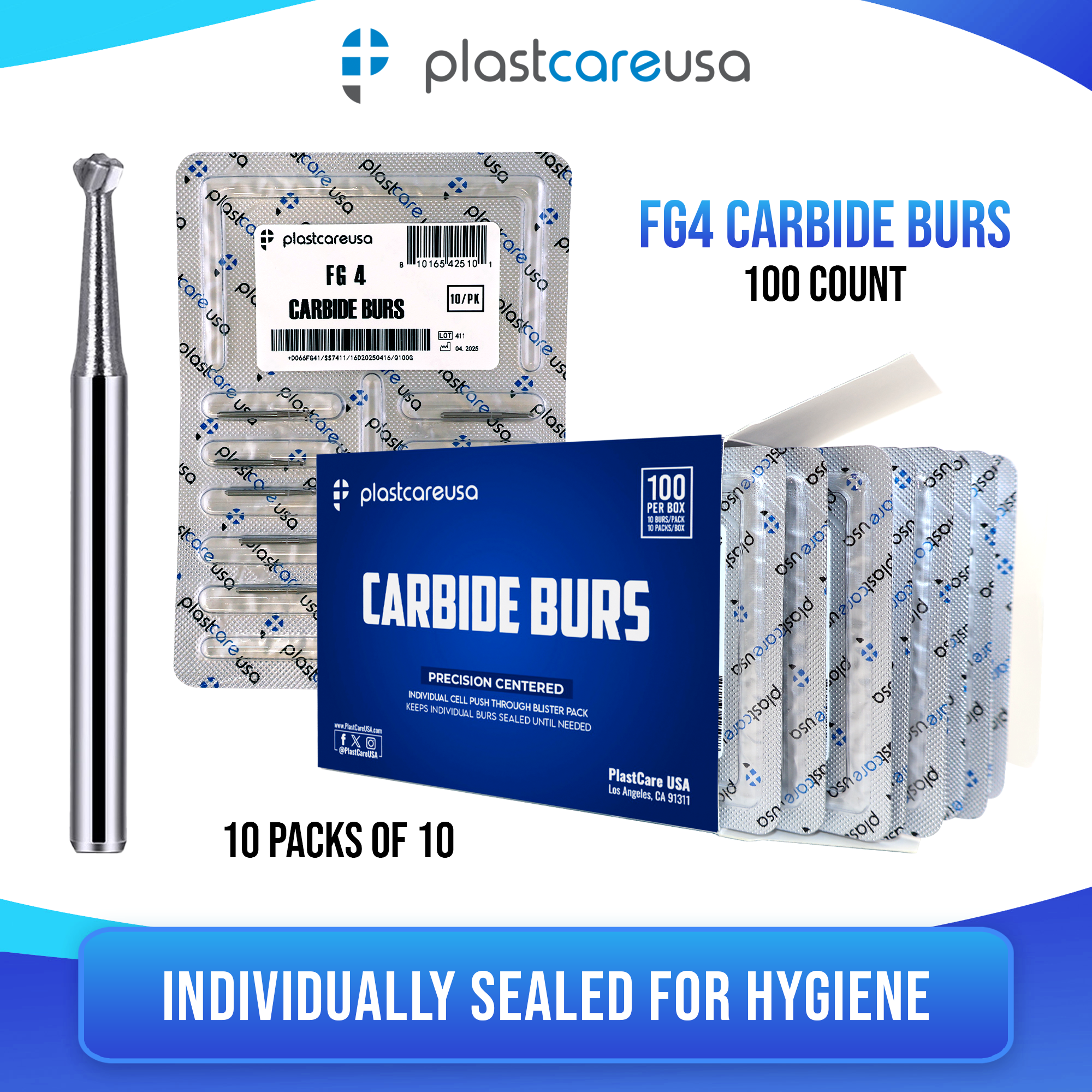 FG 4 Round Carbide Burs Clinical Length 100pk – Bulk Dental Burs - front view | DoctorSupplies.com