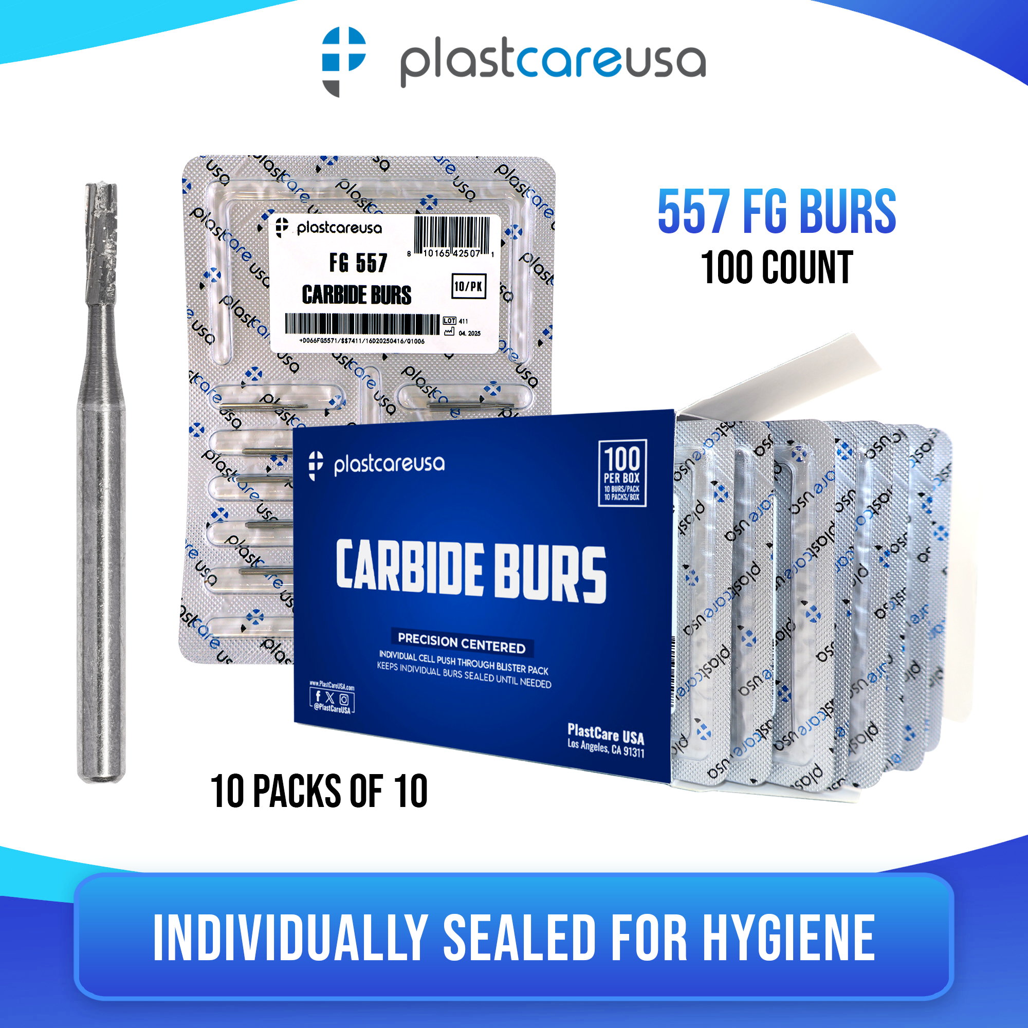 PlastCare USA 557 Carbide Burs FG 100 Pack High Speed - front view | DoctorSupplies.com