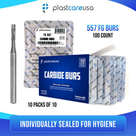 PlastCare USA 557 Carbide Burs FG 100 Pack High Speed - front view | DoctorSupplies.com