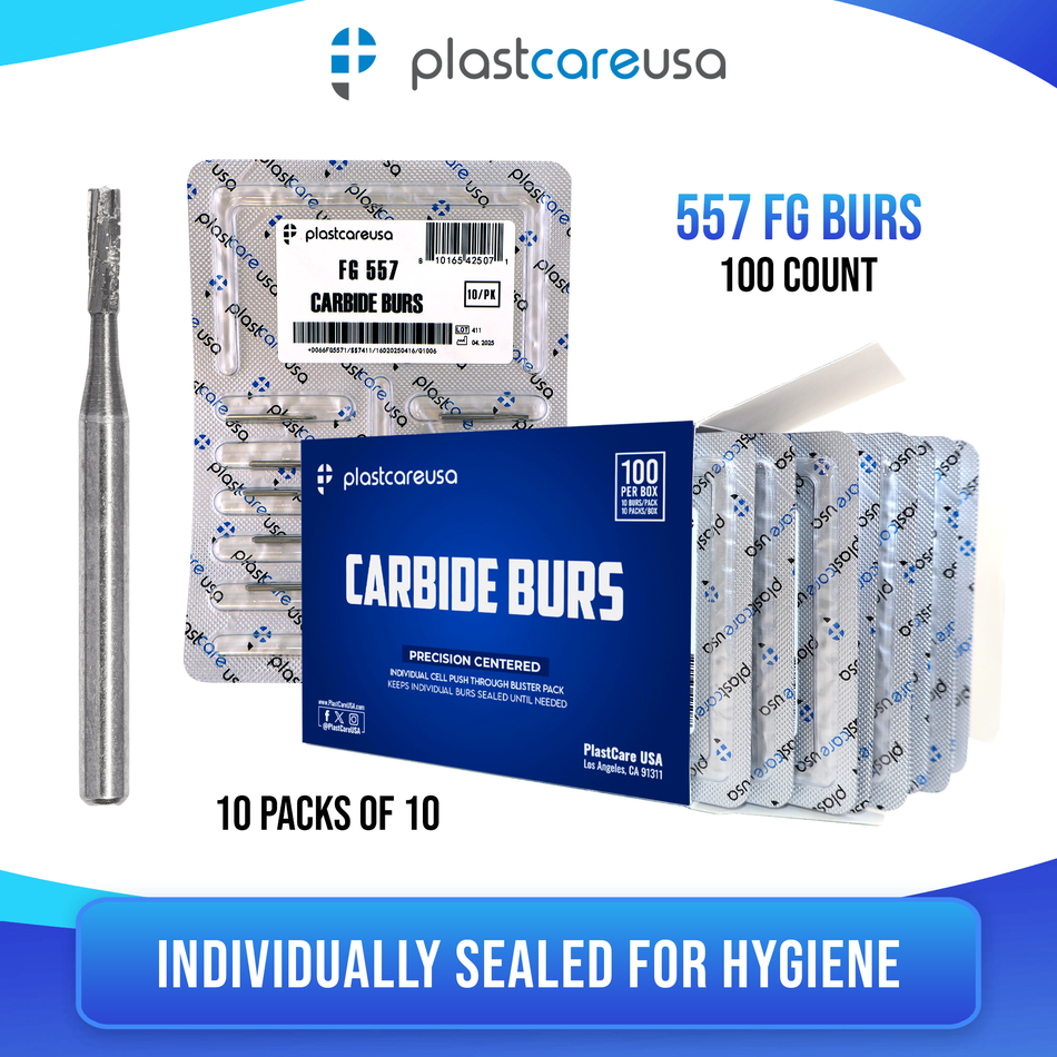 PlastCare USA 557 Carbide Burs FG 100 Pack High Speed - front view | DoctorSupplies.com