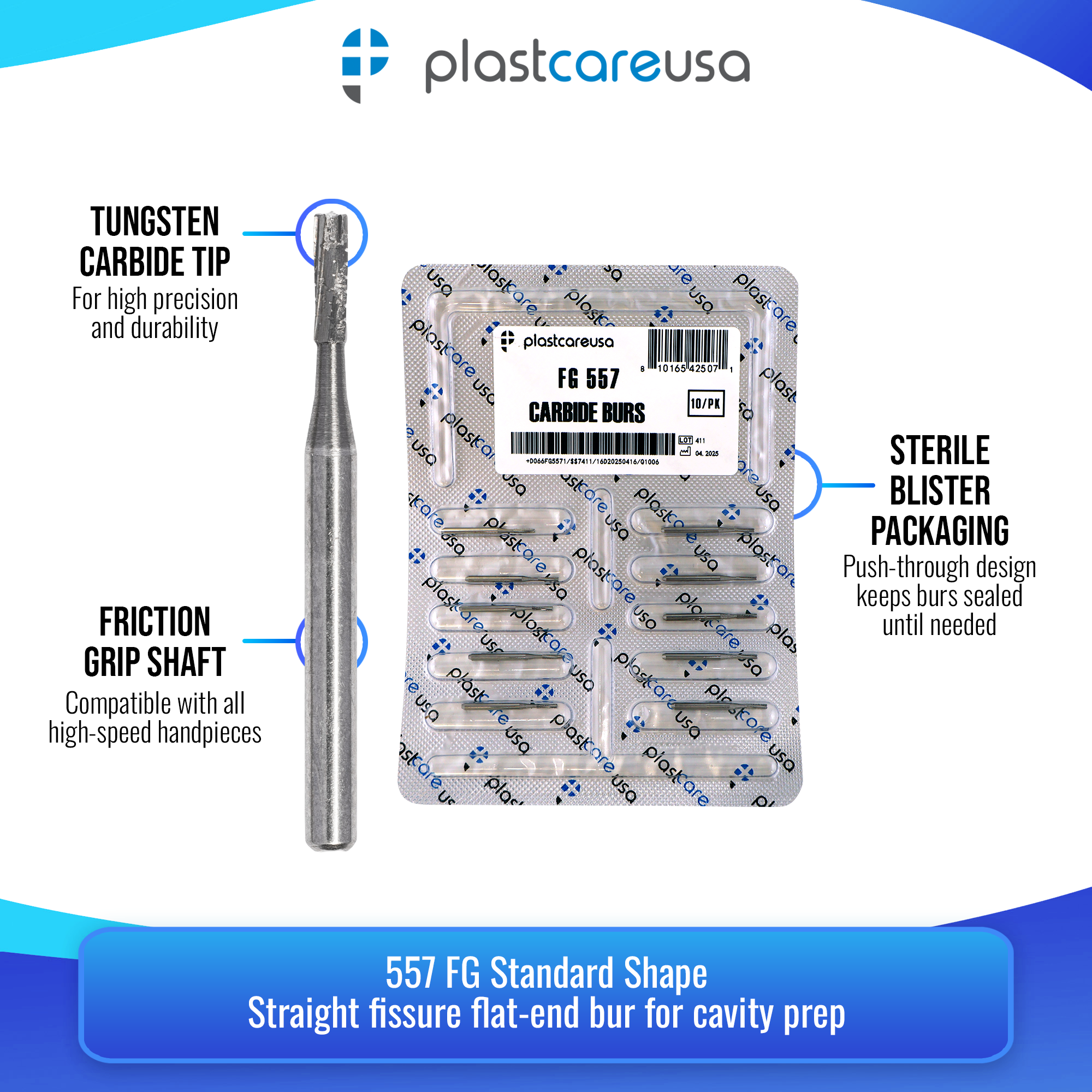 PlastCare USA 557 Carbide Burs FG 100 Pack High Speed - side view | DoctorSupplies.com