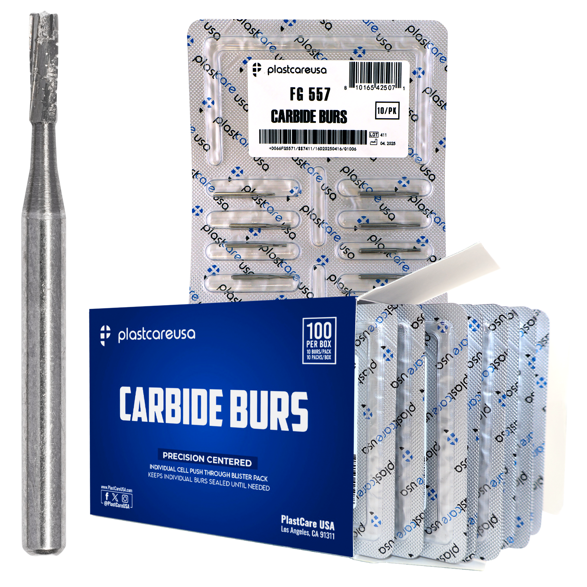 PlastCare USA 557 Carbide Burs FG 100 Pack High Speed | DoctorSupplies.com