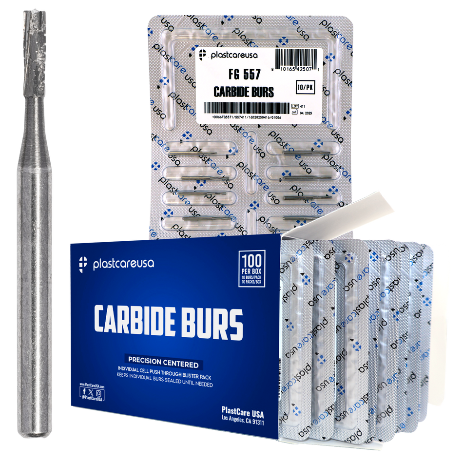 PlastCare USA 557 Carbide Burs FG 100 Pack High Speed | DoctorSupplies.com