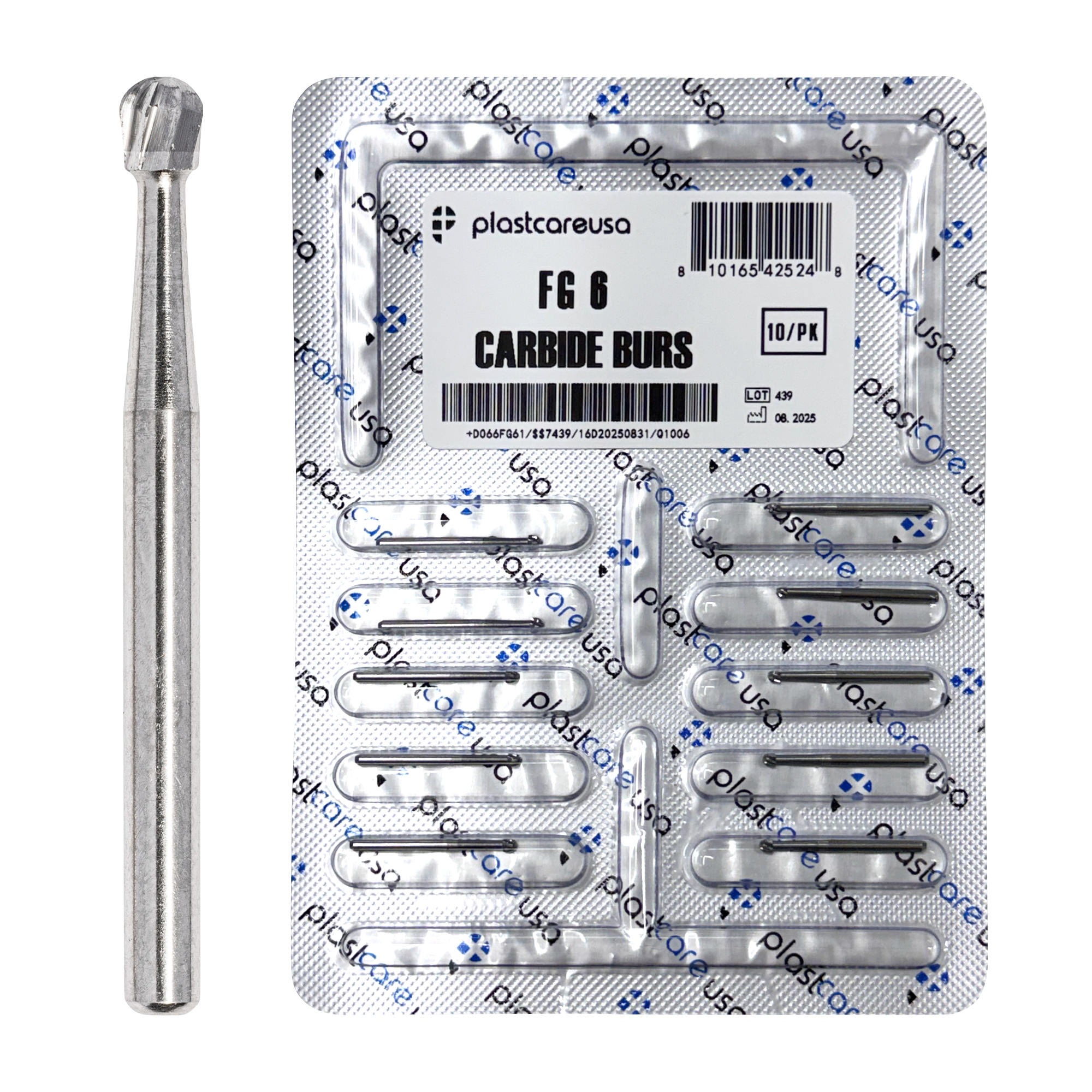 PlastCare USA FG 6 Round Carbide Burs 100-Pack Clinical Length - front view | DoctorSupplies.com