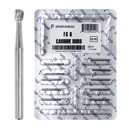 PlastCare USA FG 6 Round Carbide Burs 100-Pack Clinical Length - front view | DoctorSupplies.com
