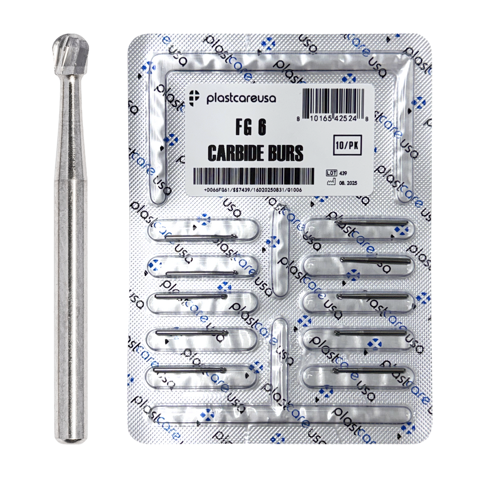 PlastCare USA FG 6 Round Carbide Burs 100-Pack Clinical Length - front view | DoctorSupplies.com
