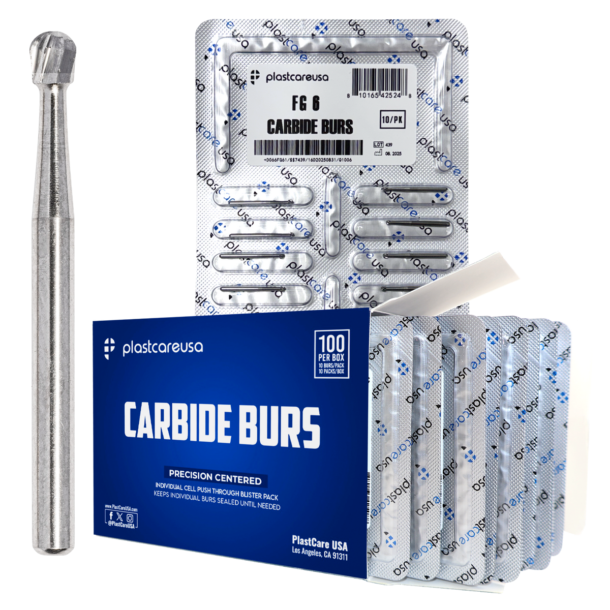 PlastCare USA FG 6 Round Carbide Burs 100-Pack Clinical Length | DoctorSupplies.com