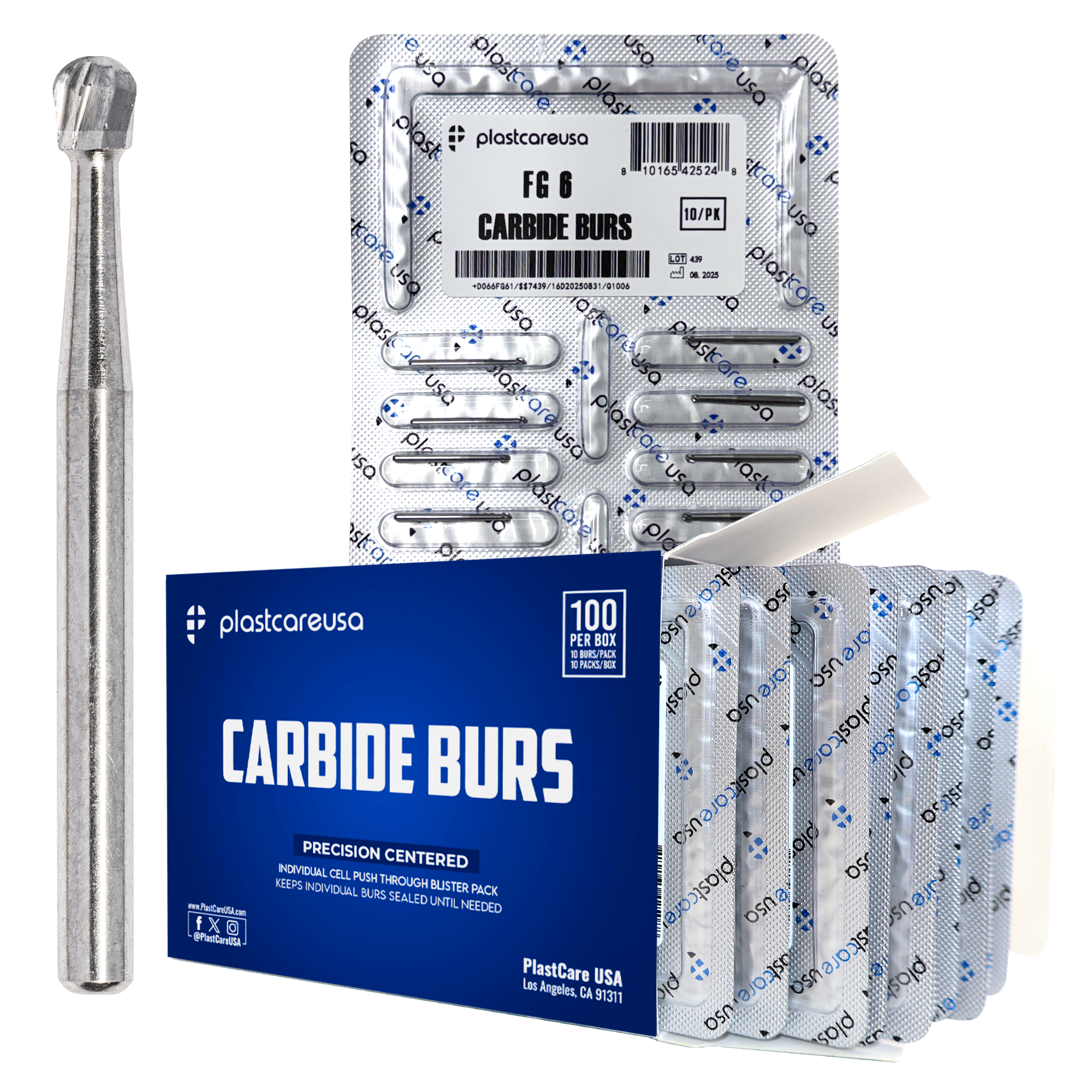 PlastCare USA FG 6 Round Carbide Burs 100-Pack Clinical Length | DoctorSupplies.com