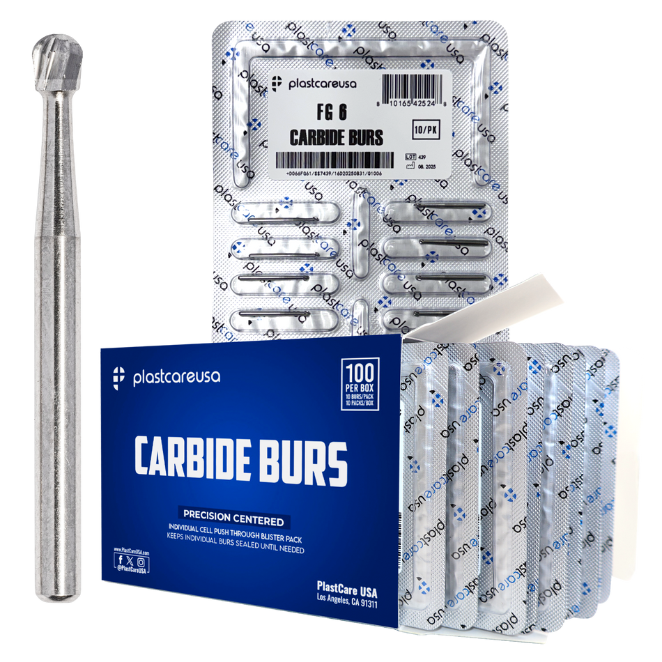 PlastCare USA FG 6 Round Carbide Burs 100-Pack Clinical Length | DoctorSupplies.com