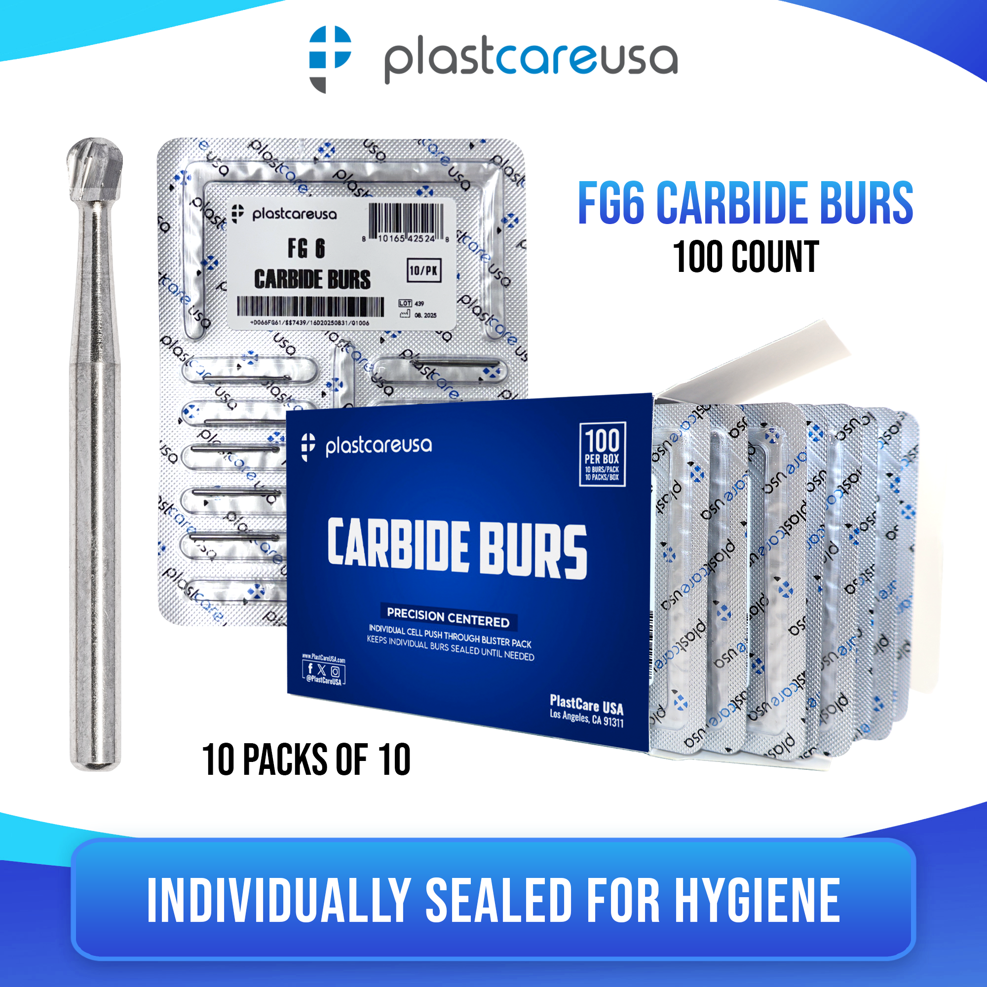 PlastCare USA FG 6 Round Carbide Burs 100-Pack Clinical Length - back view | DoctorSupplies.com
