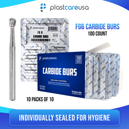 PlastCare USA FG 6 Round Carbide Burs 100-Pack Clinical Length - back view | DoctorSupplies.com