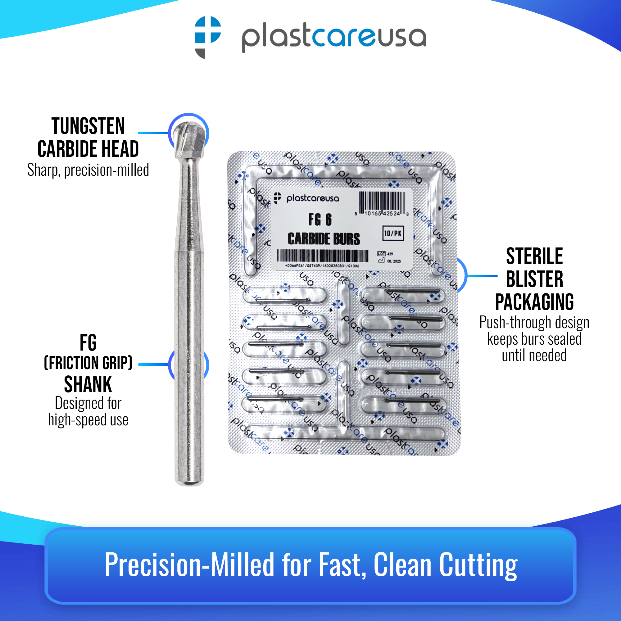 PlastCare USA FG 6 Round Carbide Burs 100-Pack Clinical Length - side view | DoctorSupplies.com