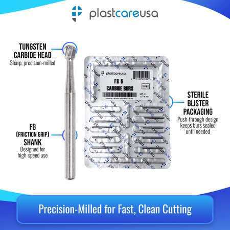 PlastCare USA FG 6 Round Carbide Burs 100-Pack Clinical Length - side view | DoctorSupplies.com