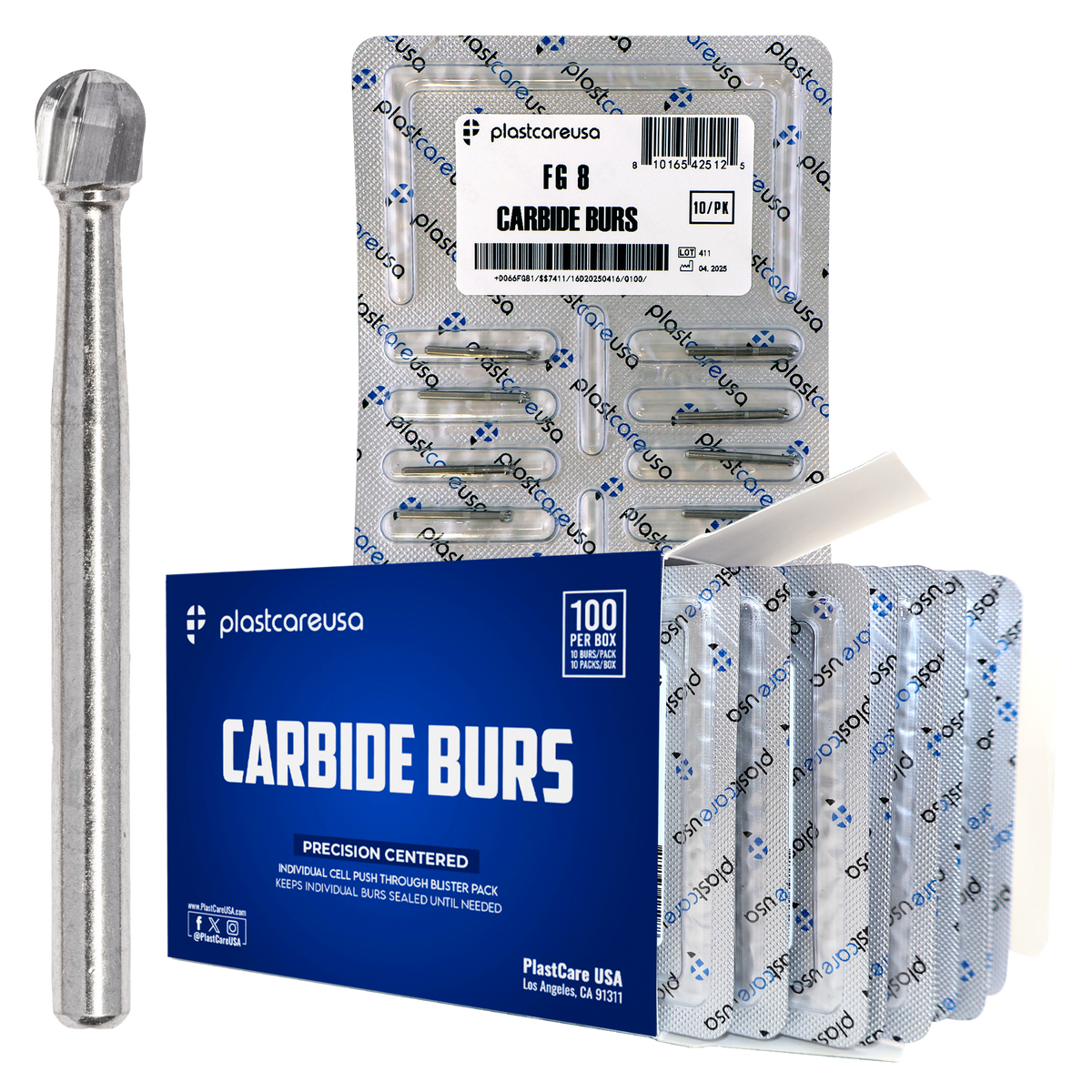 PlastCare USA FG 8 Clinical Length Carbide Burs - 100 Pack | DoctorSupplies.com