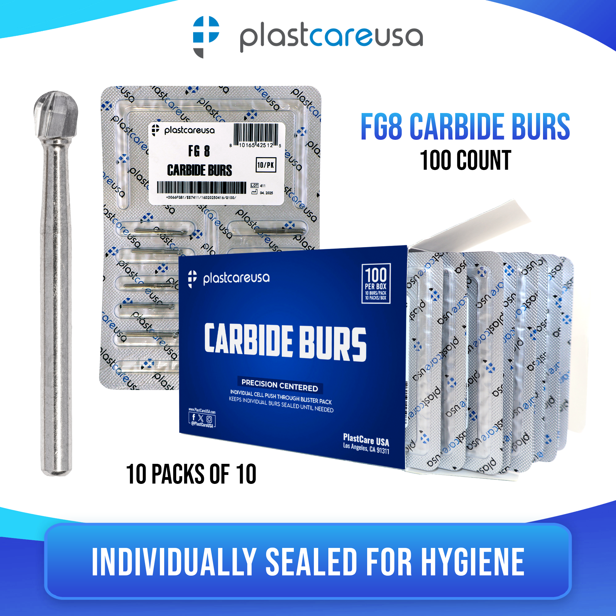 PlastCare USA FG 8 Clinical Length Carbide Burs - 100 Pack - front view | DoctorSupplies.com