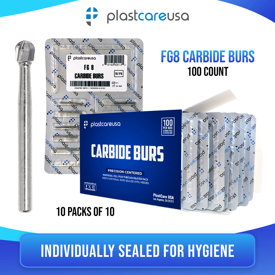 PlastCare USA FG 8 Clinical Length Carbide Burs - 100 Pack - front view | DoctorSupplies.com
