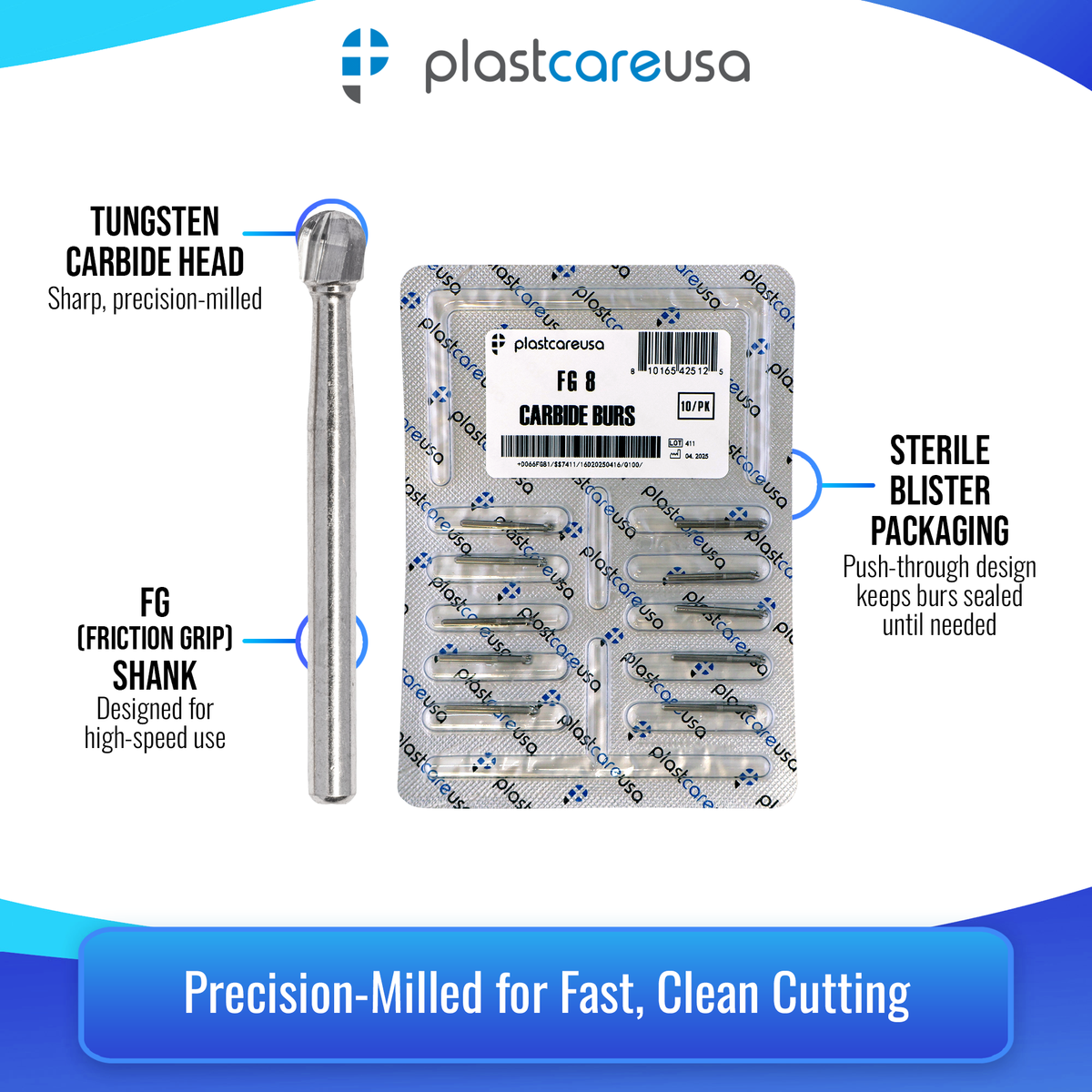 PlastCare USA FG 8 Clinical Length Carbide Burs - 100 Pack - back view | DoctorSupplies.com