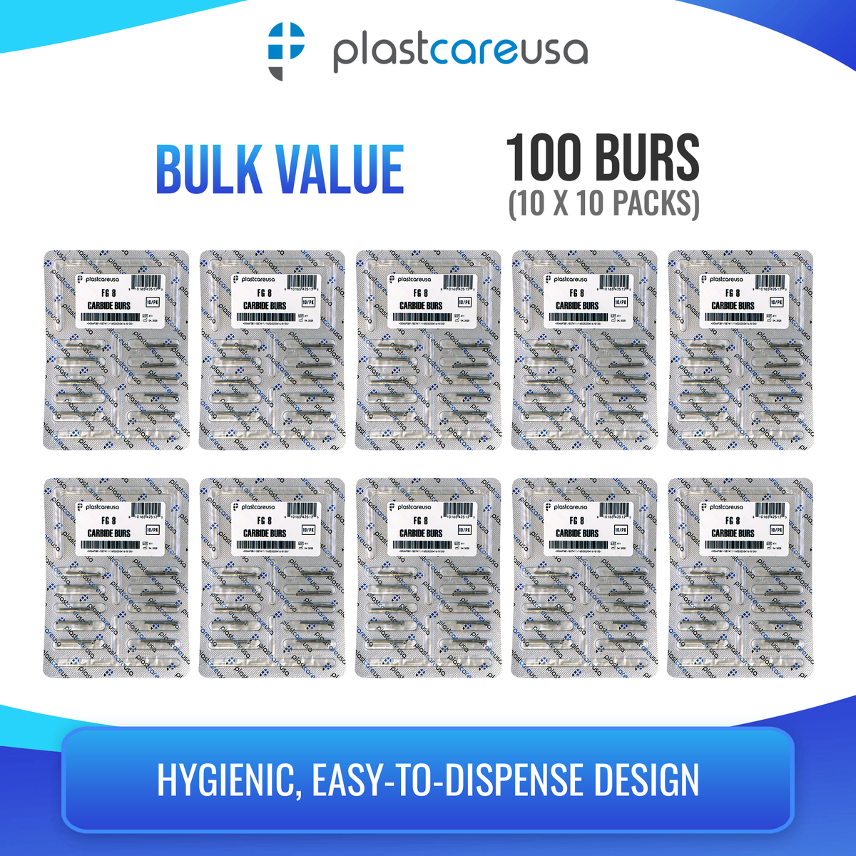 PlastCare USA FG 8 Clinical Length Carbide Burs - 100 Pack - side view | DoctorSupplies.com