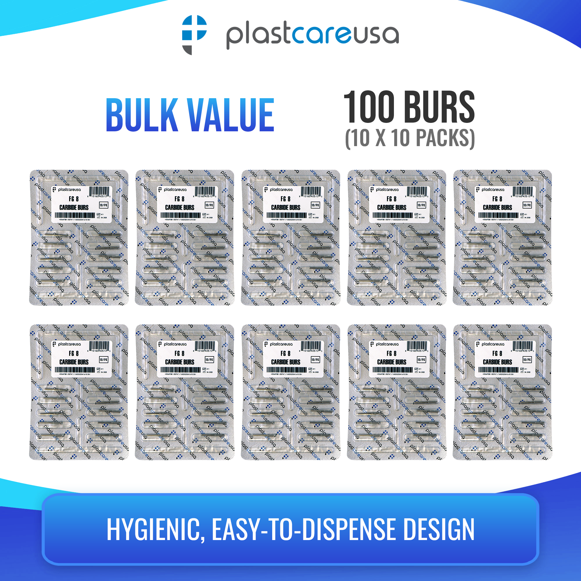 PlastCare USA FG 8 Clinical Length Carbide Burs - 100 Pack - side view | DoctorSupplies.com