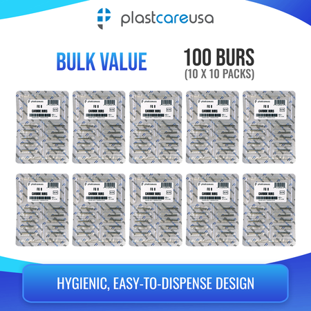 PlastCare USA FG 8 Clinical Length Carbide Burs - 100 Pack - side view | DoctorSupplies.com