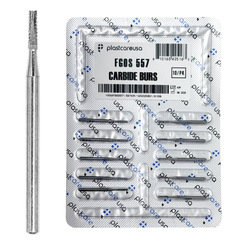 PlastCare USA 557 Surgical Carbide Burs 100-Pack for Dental - front view | DoctorSupplies.com