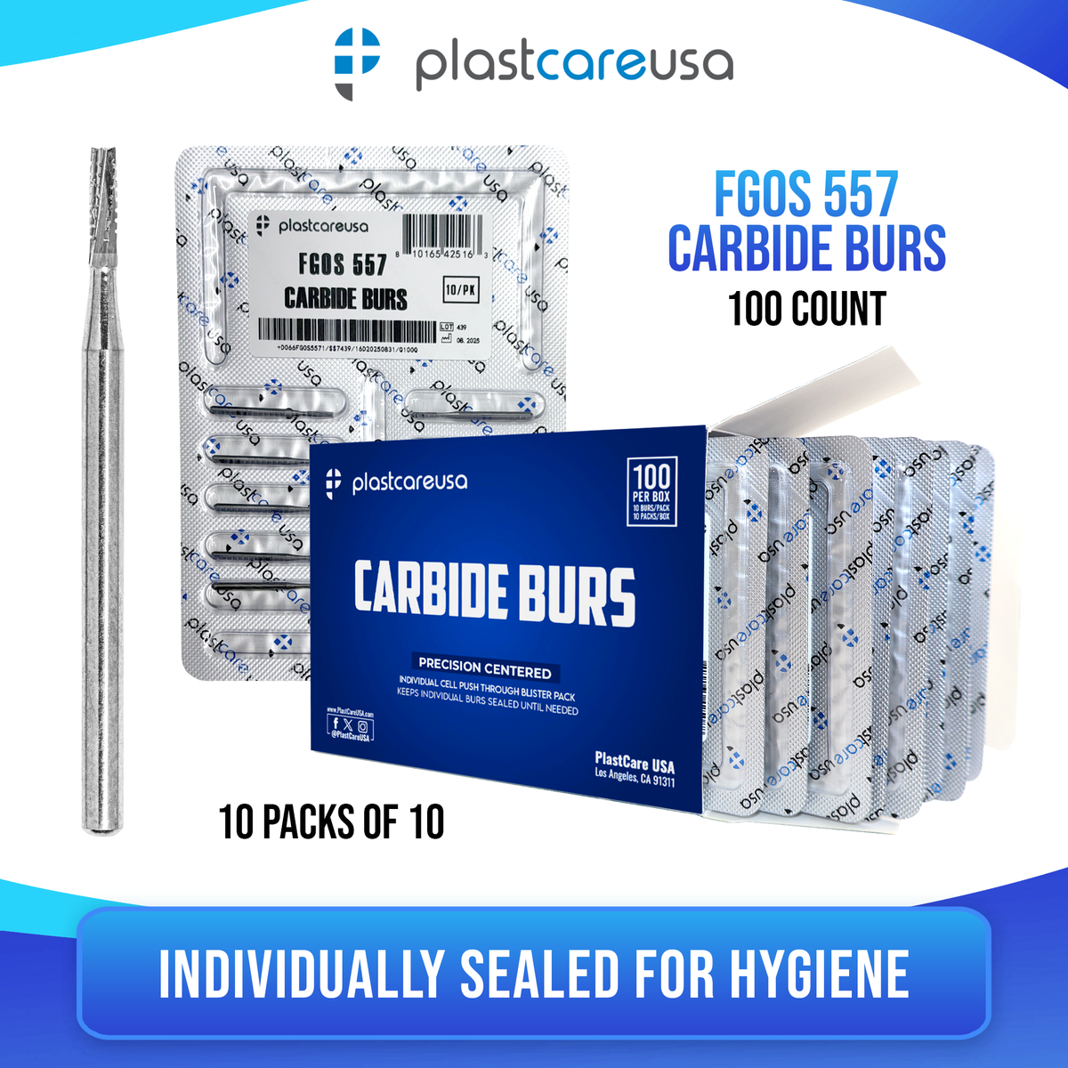 PlastCare USA 557 Surgical Carbide Burs 100-Pack for Dental - back view | DoctorSupplies.com