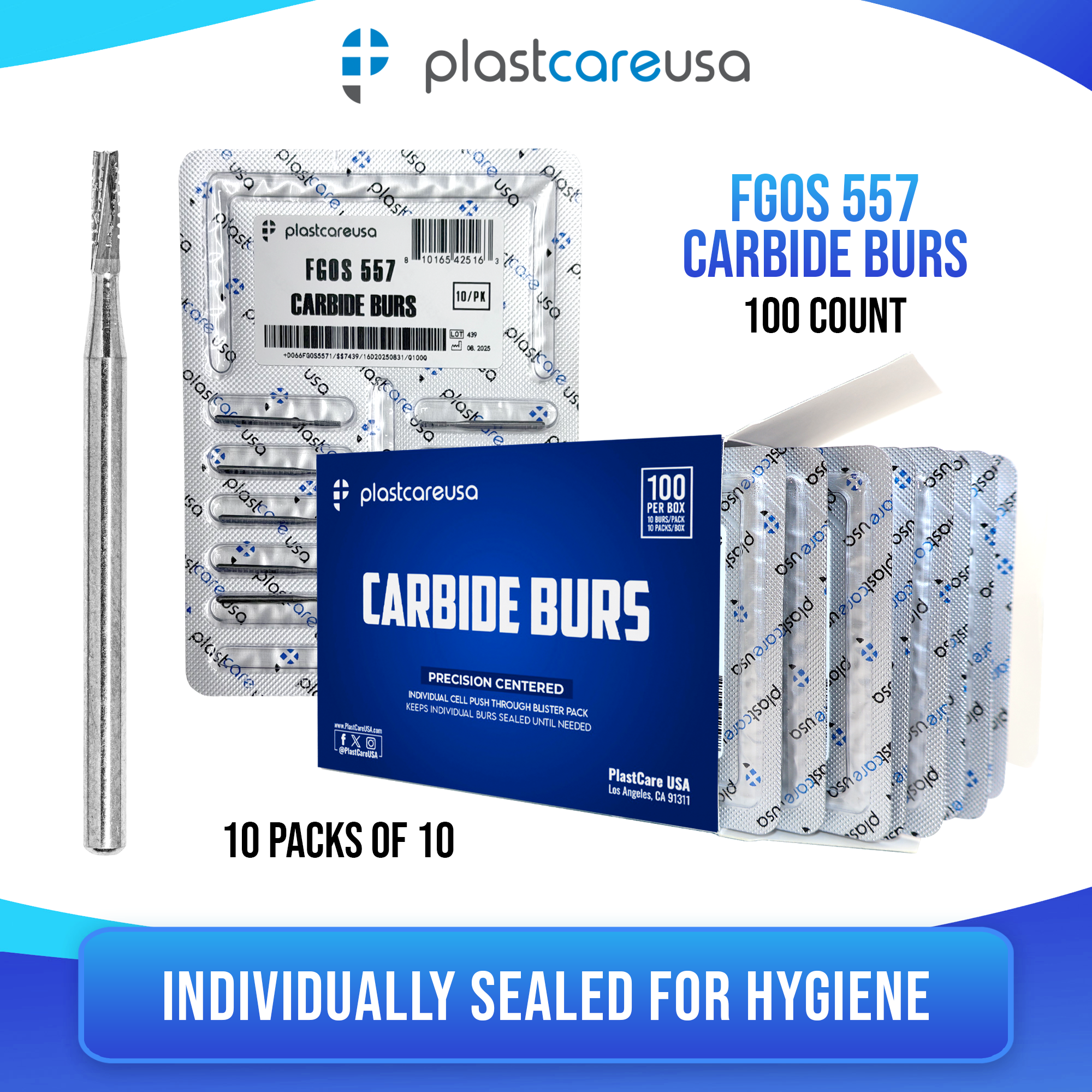 PlastCare USA 557 Surgical Carbide Burs 100-Pack for Dental - back view | DoctorSupplies.com