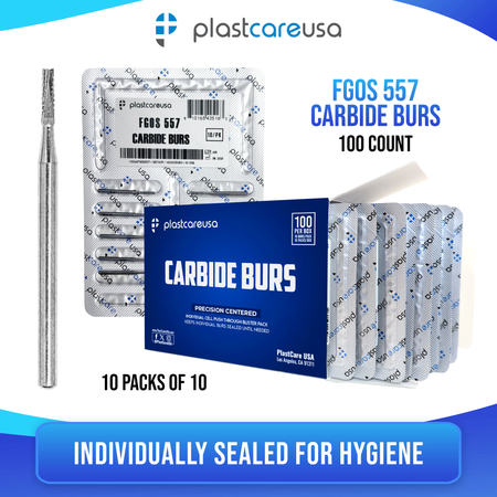 PlastCare USA 557 Surgical Carbide Burs 100-Pack for Dental - back view | DoctorSupplies.com