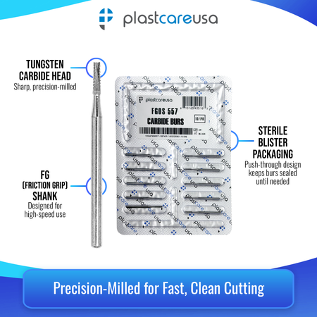 PlastCare USA 557 Surgical Carbide Burs 100-Pack for Dental - side view | DoctorSupplies.com