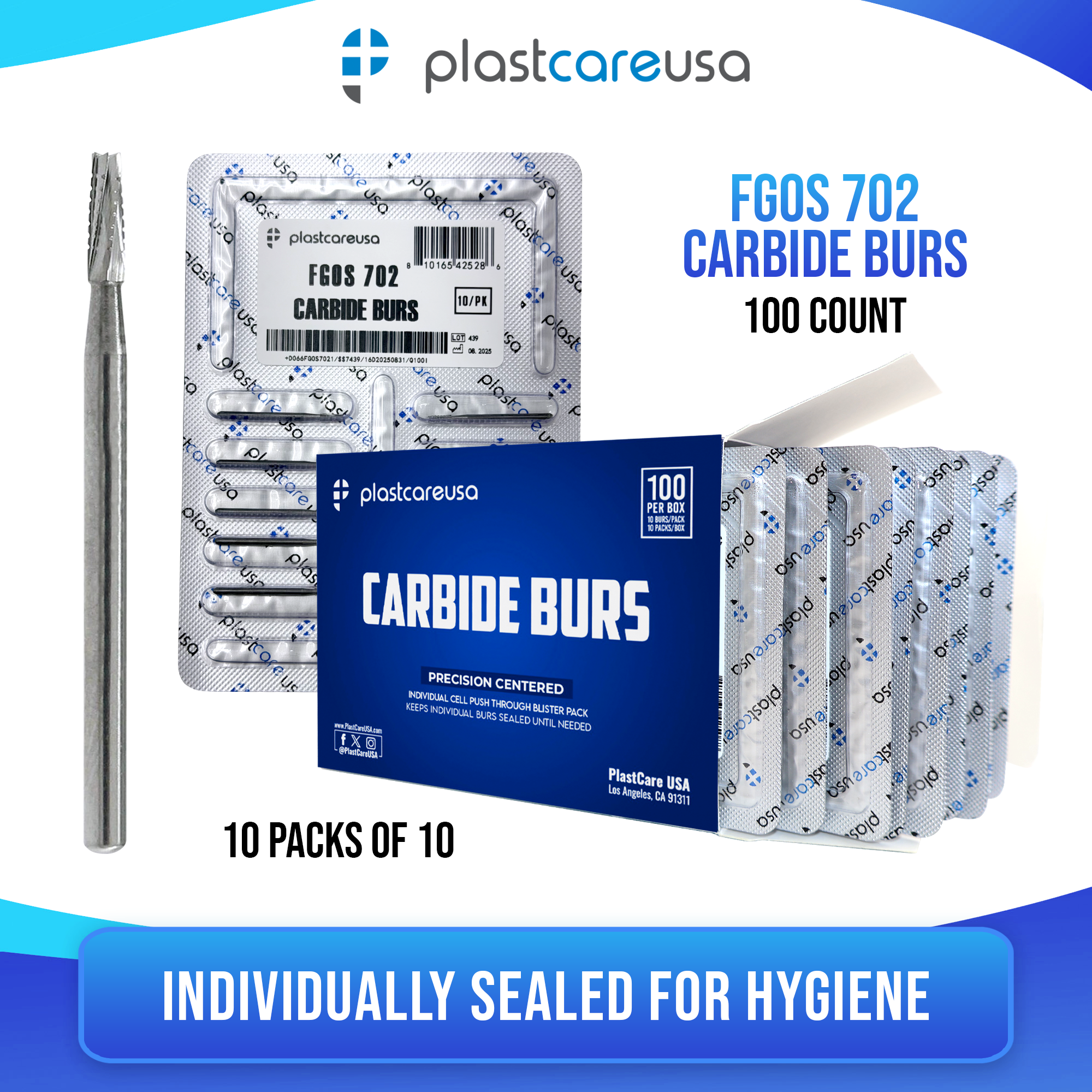 PlastCare USA 702 Surgical Carbide Burs 100-Pack FG - back view | DoctorSupplies.com