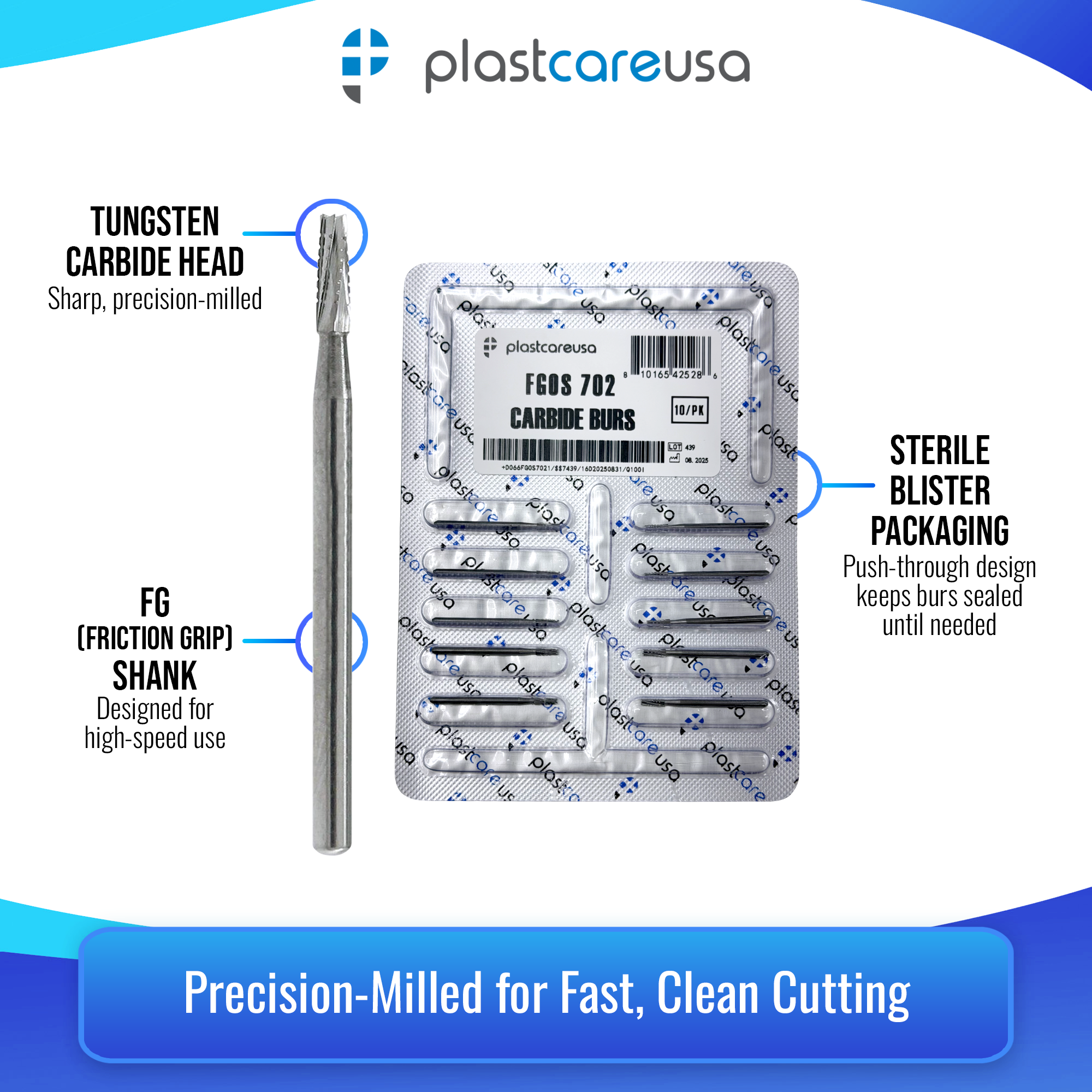 PlastCare USA 702 Surgical Carbide Burs 100-Pack FG - side view | DoctorSupplies.com