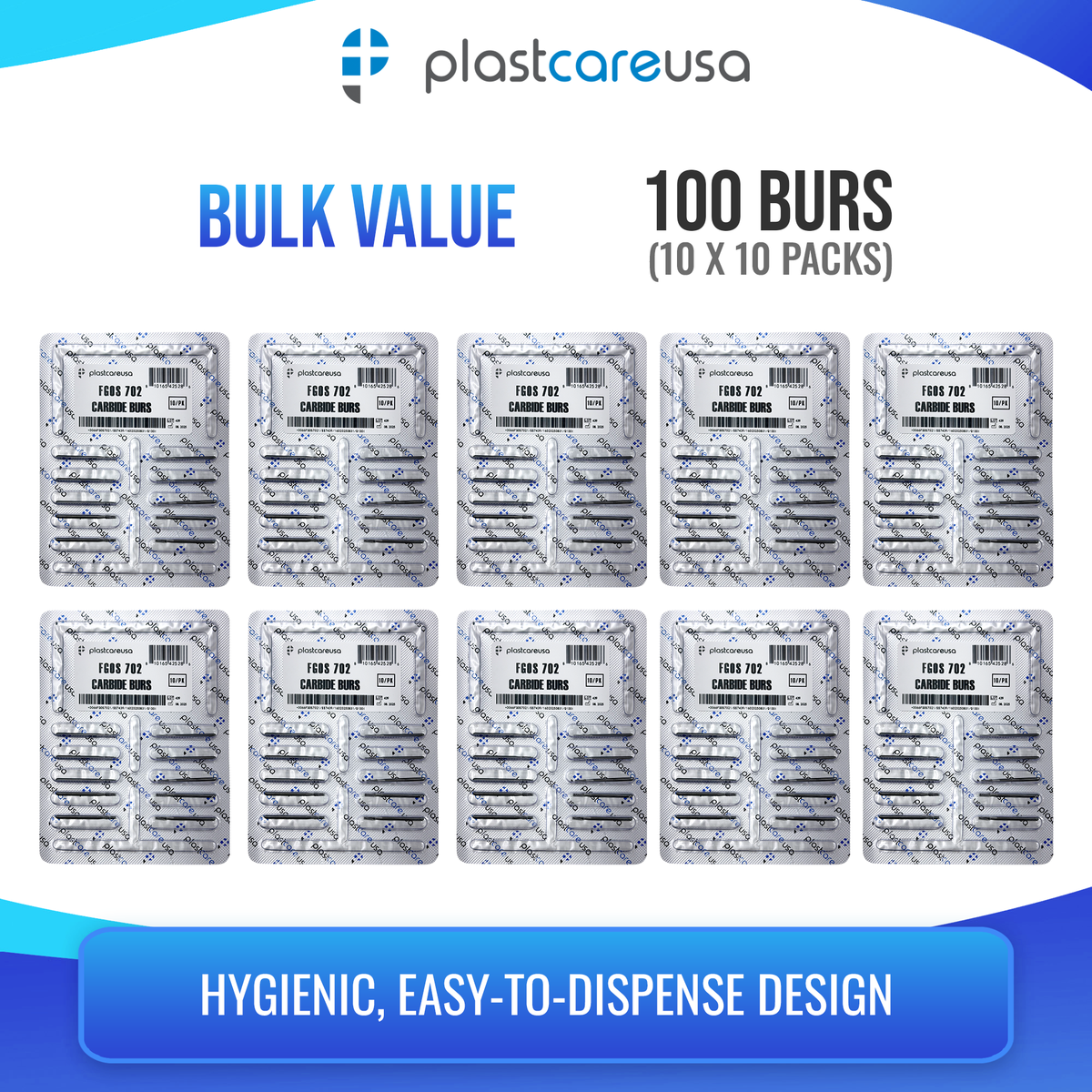 PlastCare USA 702 Surgical Carbide Burs 100-Pack FG - detail view | DoctorSupplies.com